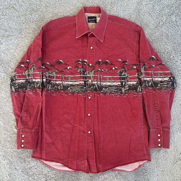 Wrangler Brushpopper Vintage Pearl Snap Shirt Horses Mountain Red Graphic Large - Picture 1 of 5